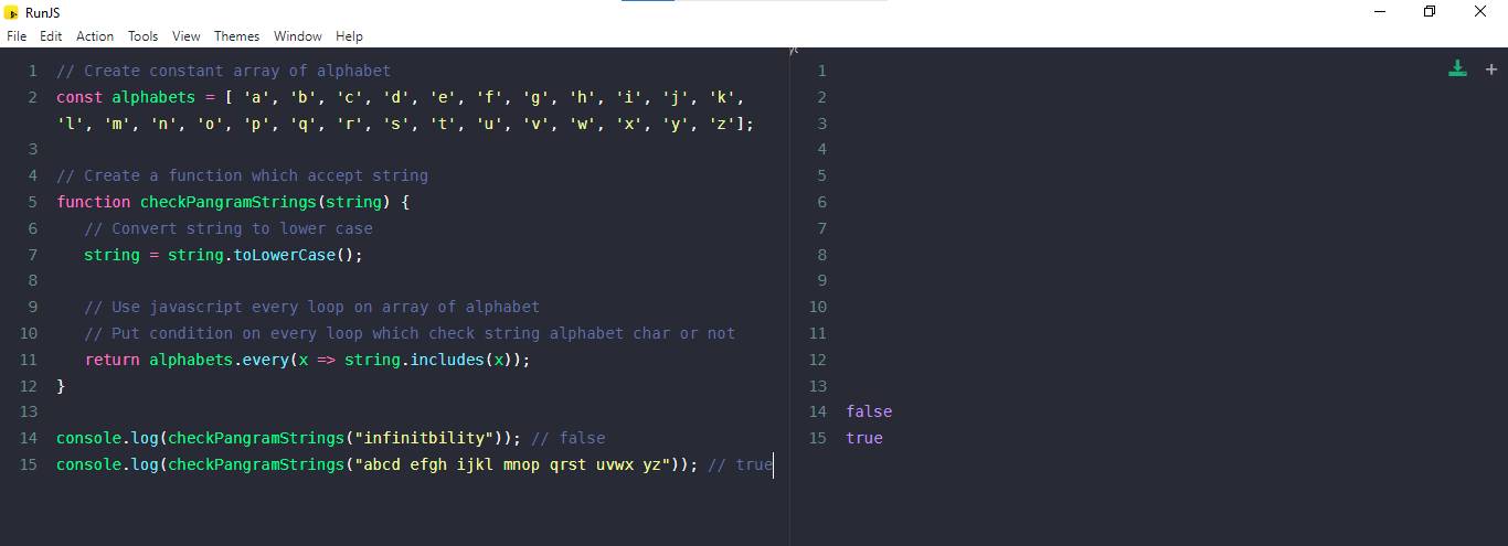 javascript, check if a string is a pangram example