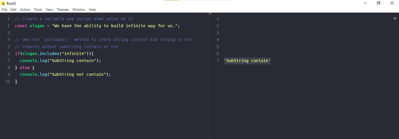 javascript, check if a string is a substring of another string example