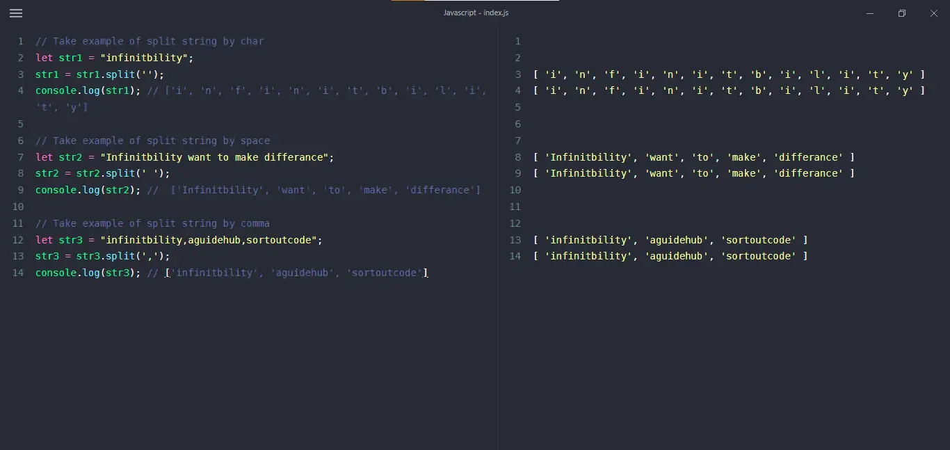 JavaScript, explode string in javascript example